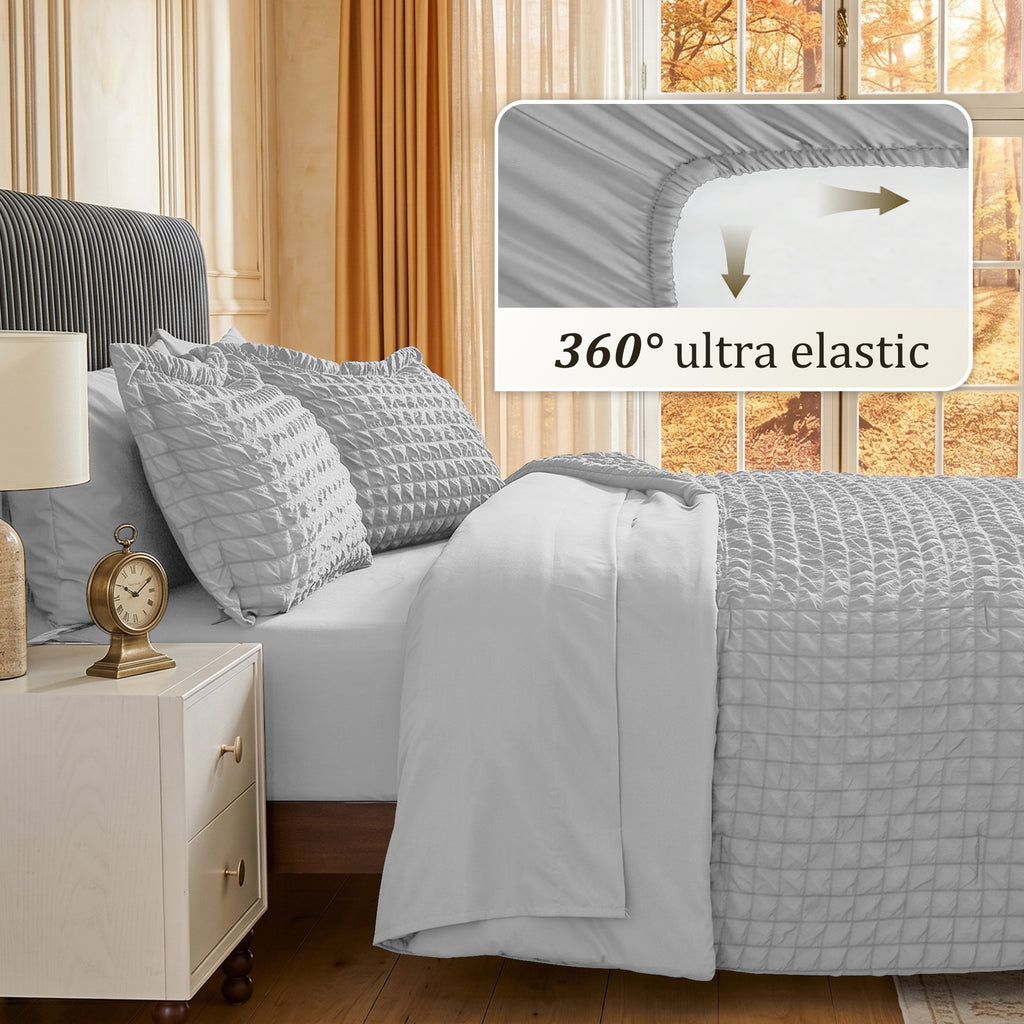 DHOLE Comforter Set 7 Pieces – Seersucker Textured Waffle Weave Bed in a Bag, All-Season Lightweight Microfiber Bedding Sets with Sheets & Pillow Shams