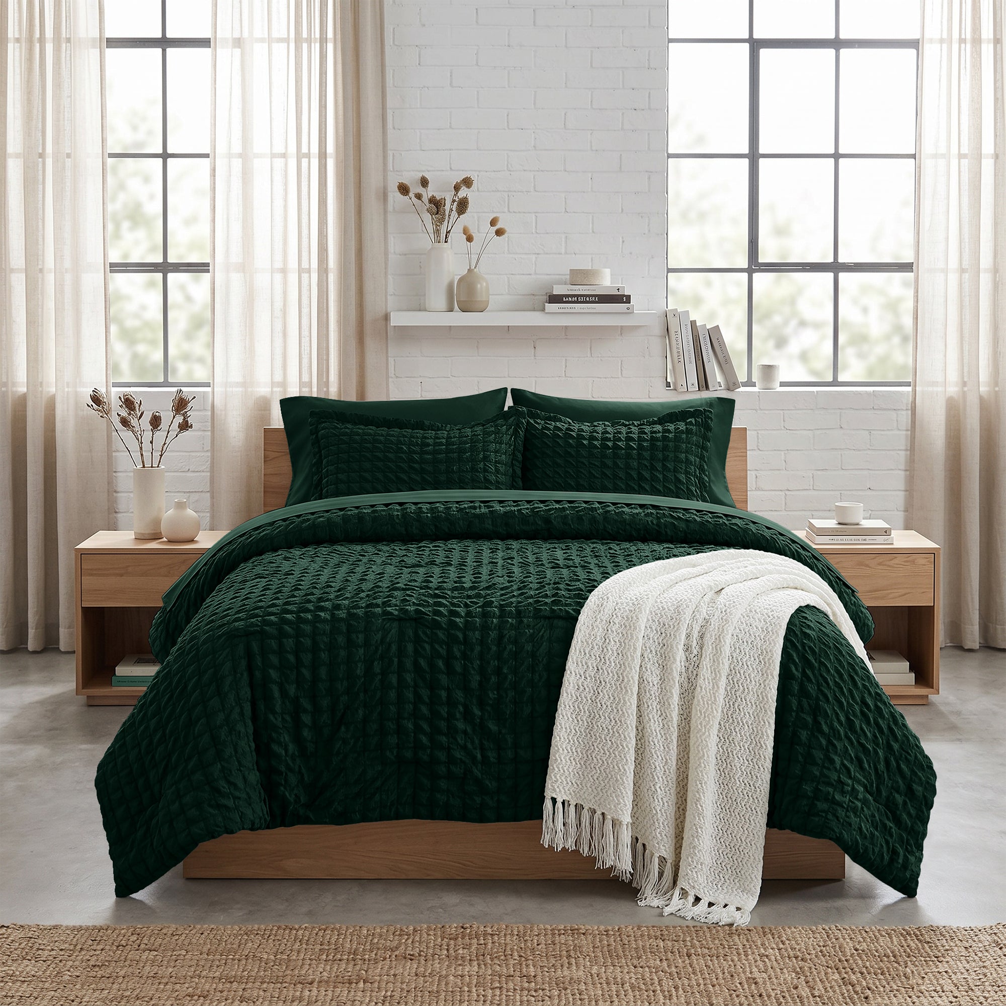 DHOLE Comforter Set 7 Pieces – Seersucker Textured Waffle Weave Bed in a Bag, All-Season Lightweight Microfiber Bedding Sets with Sheets & Pillow Shams