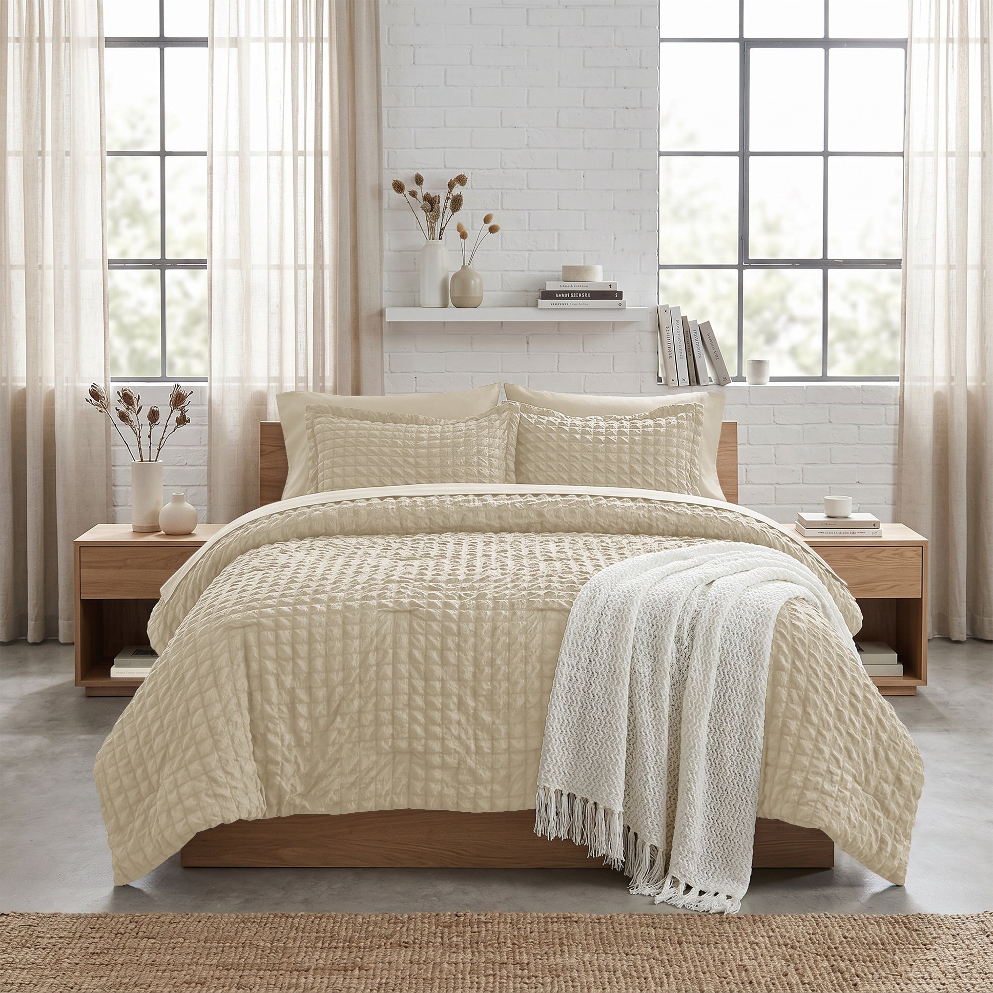 DHOLE Comforter Set 7 Pieces – Seersucker Textured Waffle Weave Bed in a Bag, All-Season Lightweight Microfiber Bedding Sets with Sheets & Pillow Shams