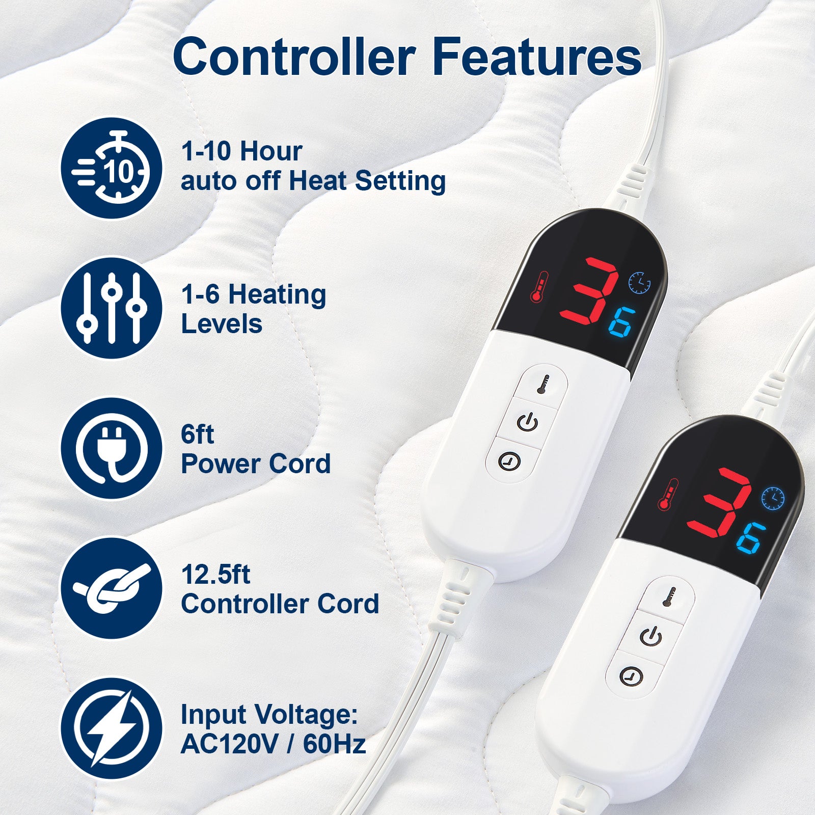 Dhole Electric Heated Mattress Pad Queen - 60"x80" ,Deep Pocket, 6 Heat Settings, Auto Shut Off 10 Hrs with Dual Controller, ETL Certified, Machine Washable, White