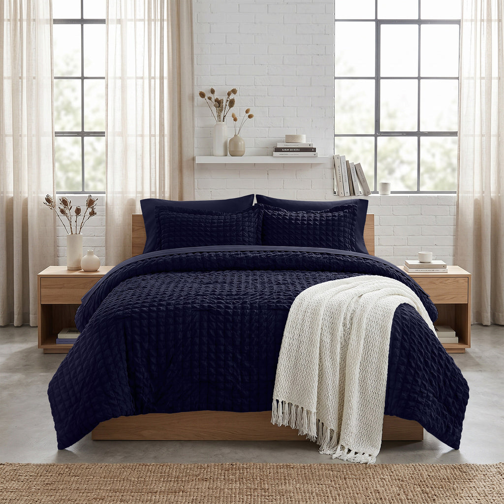DHOLE Comforter Set 7 Pieces – Seersucker Textured Waffle Weave Bed in a Bag, All-Season Lightweight Microfiber Bedding Sets with Sheets & Pillow Shams