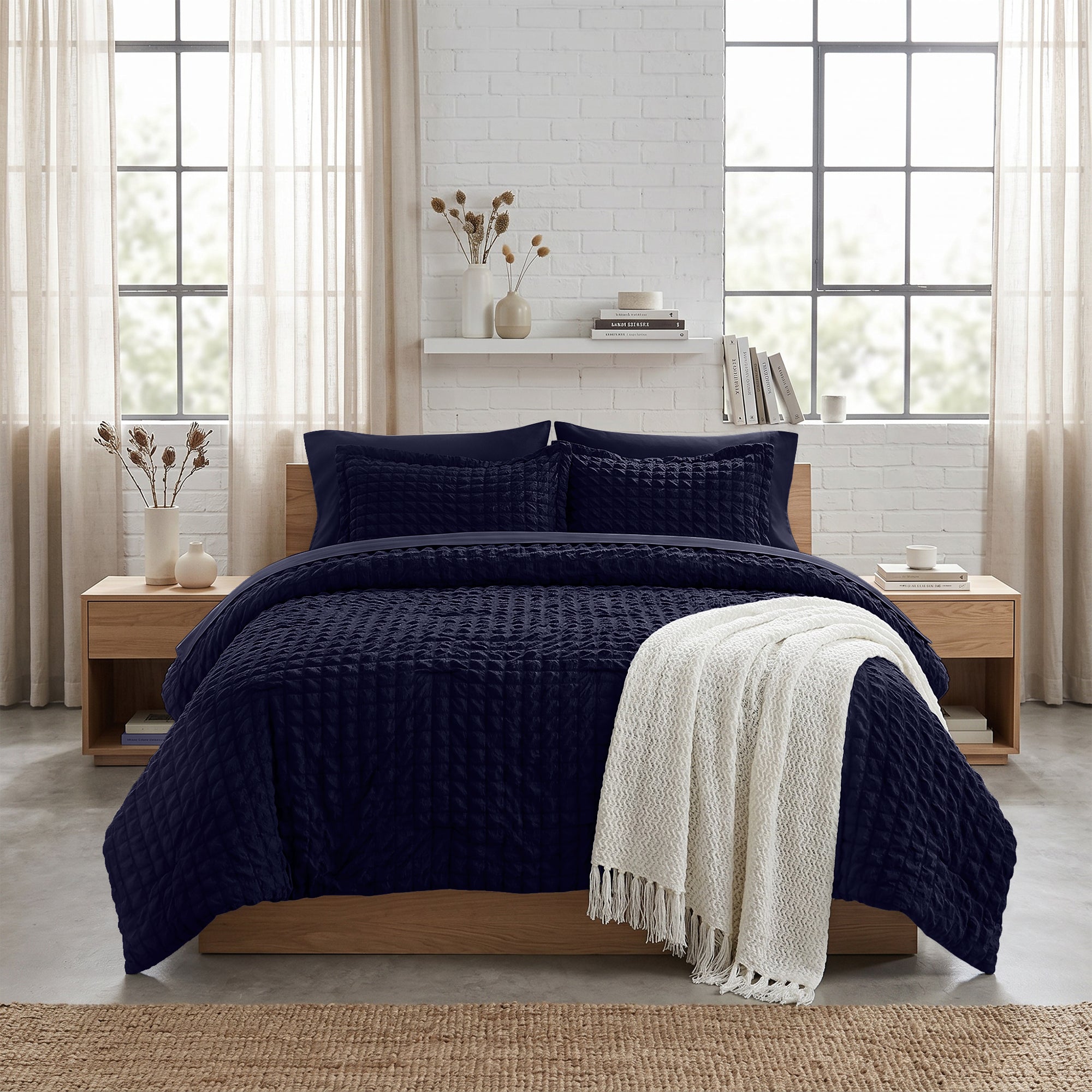 DHOLE Comforter Set 7 Pieces – Seersucker Textured Waffle Weave Bed in a Bag, All-Season Lightweight Microfiber Bedding Sets with Sheets & Pillow Shams