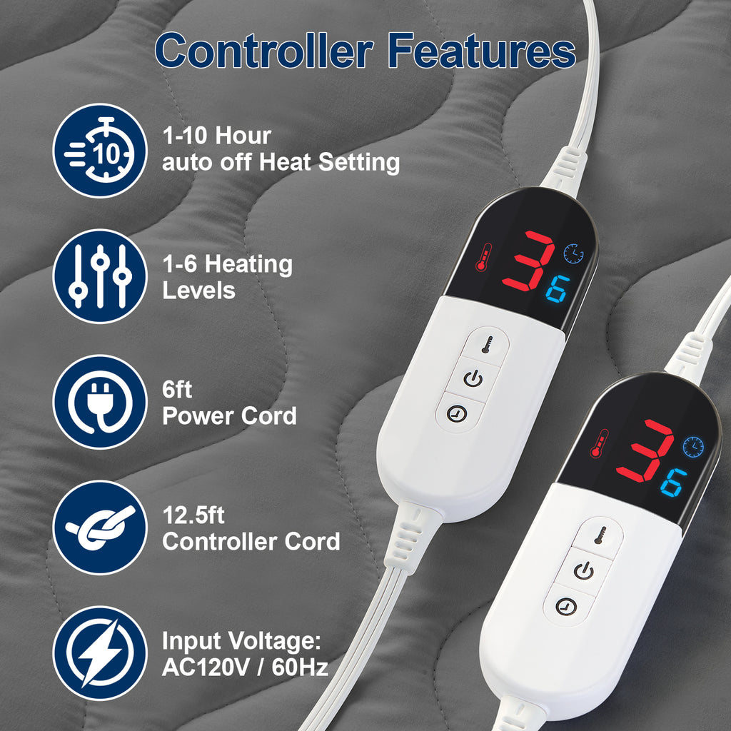 Dhole Electric Heated Mattress Pad Queen - 60"x80" ,Deep Pocket, 6 Heat Settings, Auto Shut Off 10 Hrs with Dual Controller, ETL Certified, Machine Washable, White