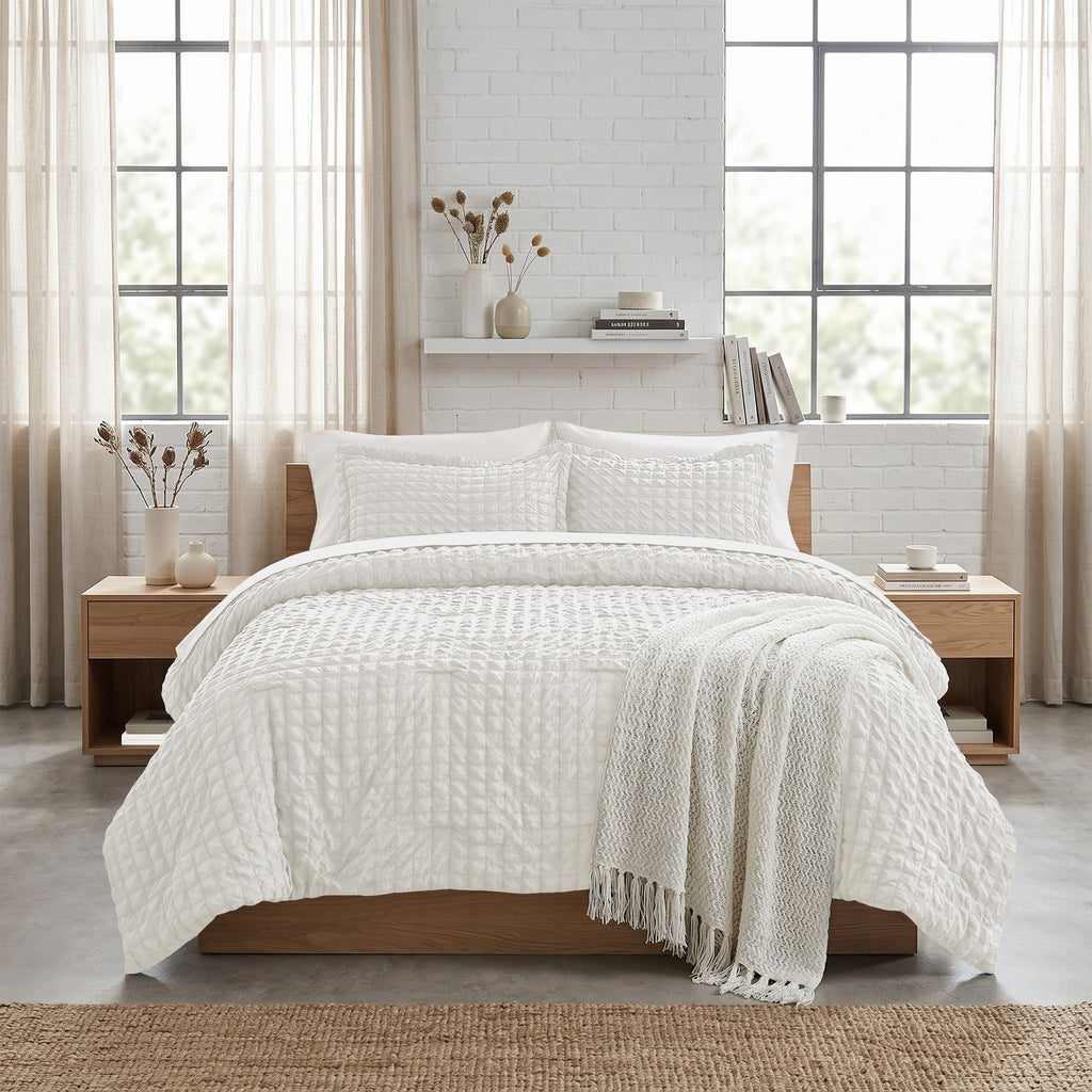 DHOLE Comforter Set 7 Pieces – Seersucker Textured Waffle Weave Bed in a Bag, All-Season Lightweight Microfiber Bedding Sets with Sheets & Pillow Shams