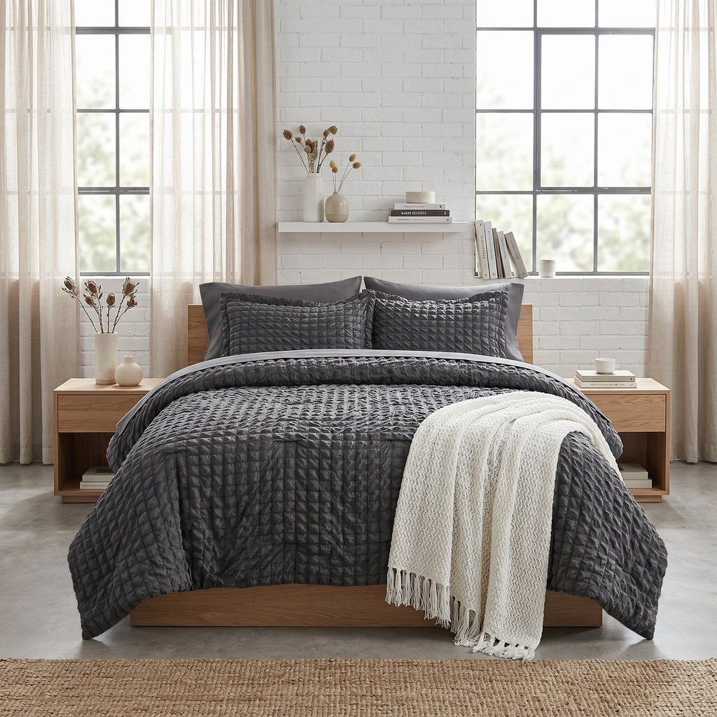 DHOLE Comforter Set 7 Pieces – Seersucker Textured Waffle Weave Bed in a Bag, All-Season Lightweight Microfiber Bedding Sets with Sheets & Pillow Shams