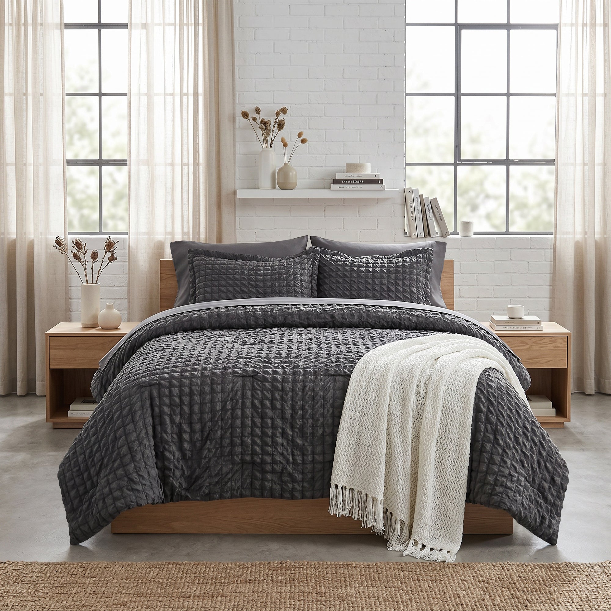 DHOLE Comforter Set 7 Pieces – Seersucker Textured Waffle Weave Bed in a Bag, All-Season Lightweight Microfiber Bedding Sets with Sheets & Pillow Shams