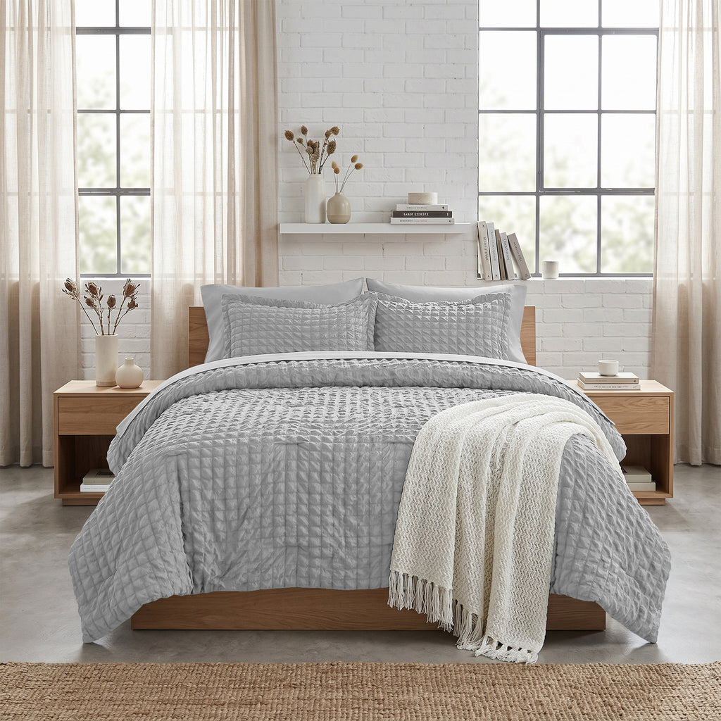 DHOLE Comforter Set 7 Pieces – Seersucker Textured Waffle Weave Bed in a Bag, All-Season Lightweight Microfiber Bedding Sets with Sheets & Pillow Shams