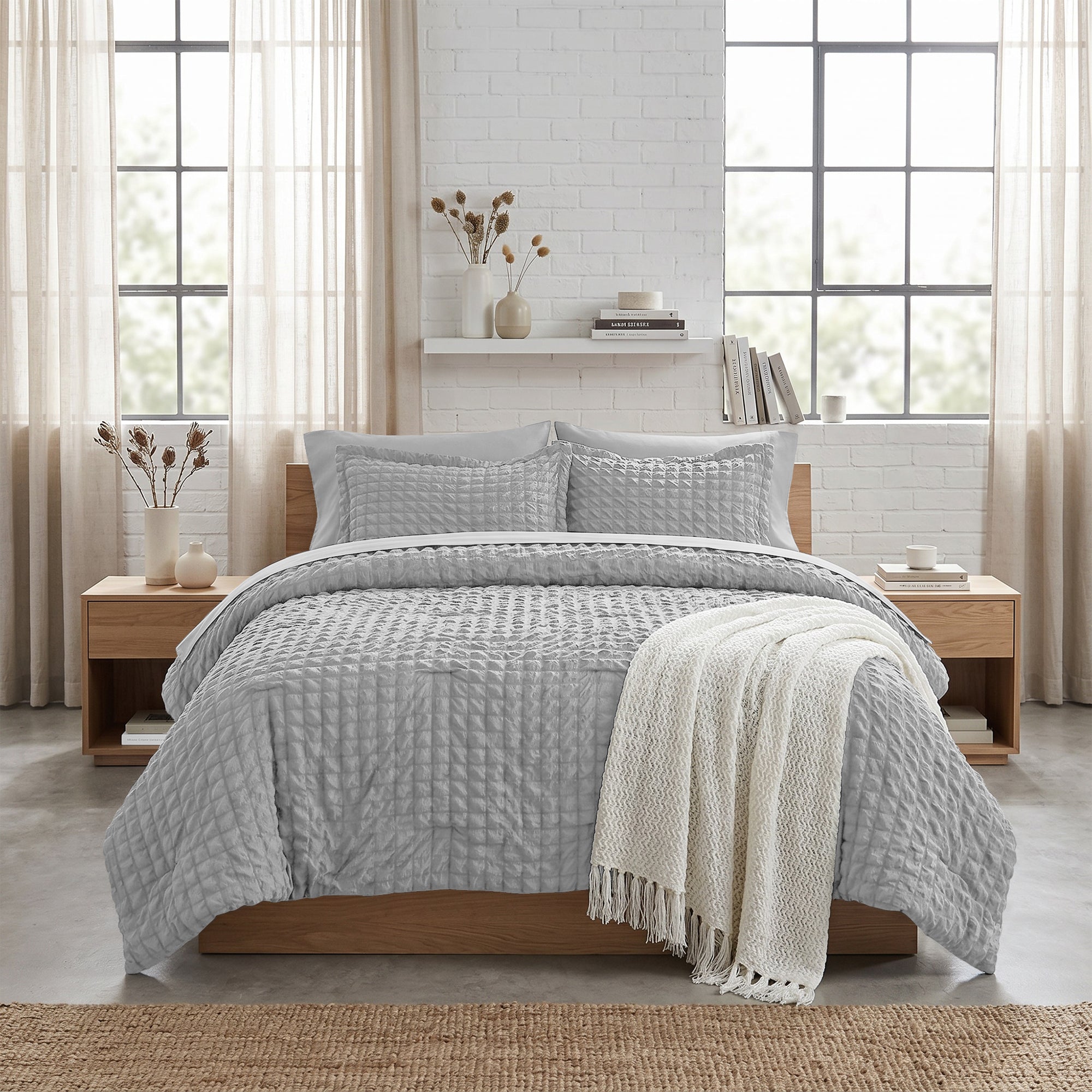 DHOLE Comforter Set 7 Pieces – Seersucker Textured Waffle Weave Bed in a Bag, All-Season Lightweight Microfiber Bedding Sets with Sheets & Pillow Shams