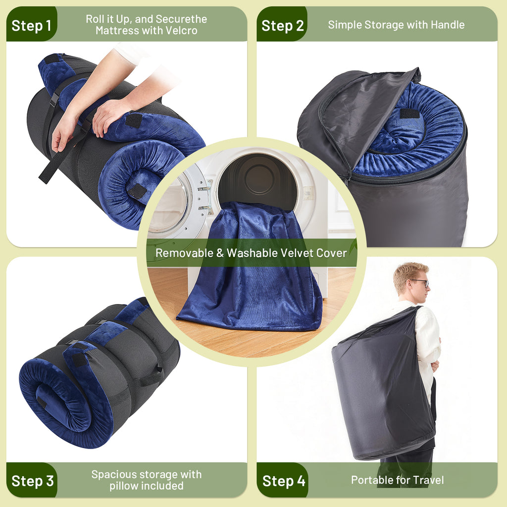 DHOLE 4 Inch Gel Memory Foam Camping Mattress, CertiPUR-US Certified Thick Sleeping Pad, Waterproof & Soft Fleece Top, Portable Roll-Up Mat with Multi-Function Storage Bag & Pillow for Tent Camping