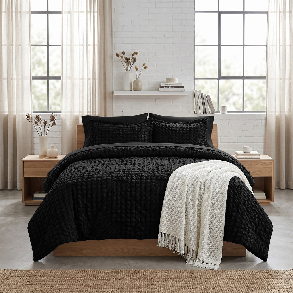 DHOLE Comforter Set 7 Pieces – Seersucker Textured Waffle Weave Bed in a Bag, All-Season Lightweight Microfiber Bedding Sets with Sheets & Pillow Shams