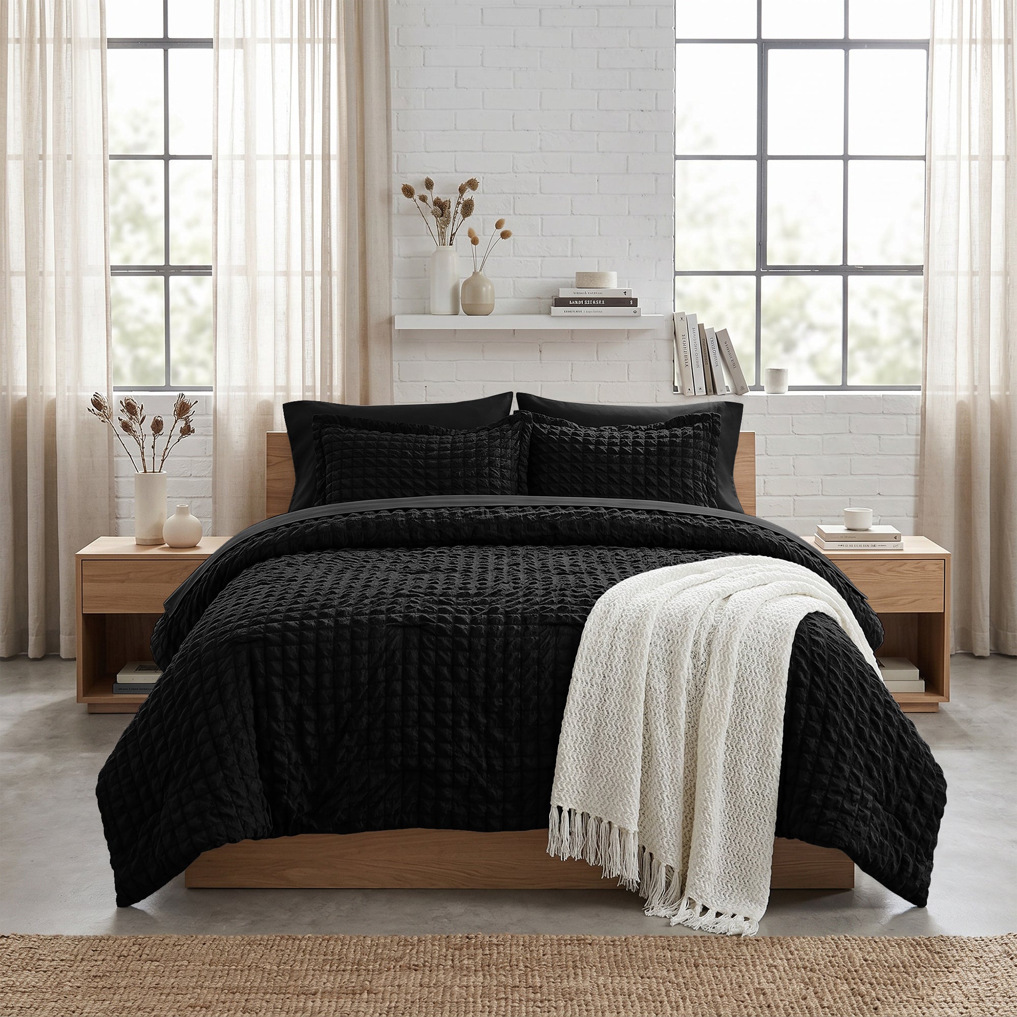 DHOLE Comforter Set 7 Pieces – Seersucker Textured Waffle Weave Bed in a Bag, All-Season Lightweight Microfiber Bedding Sets with Sheets & Pillow Shams