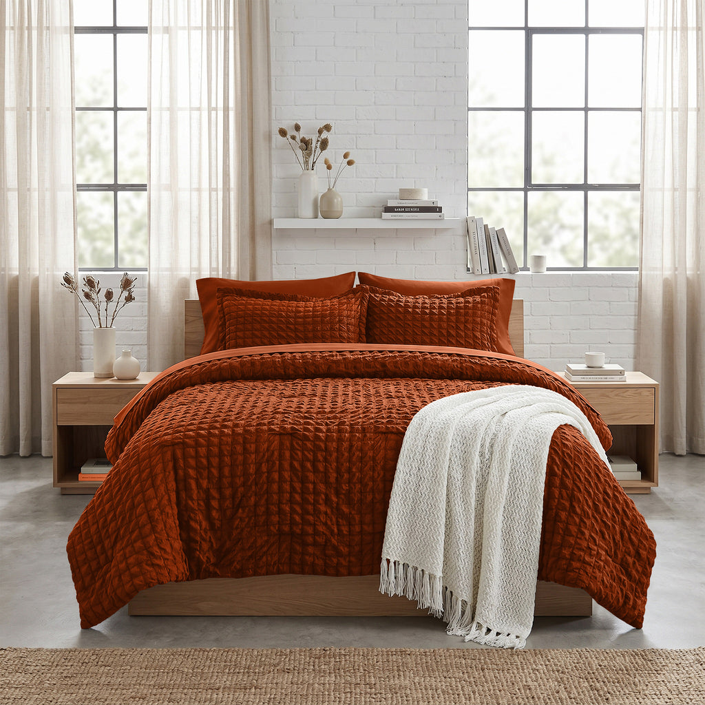 DHOLE Comforter Set 7 Pieces – Seersucker Textured Waffle Weave Bed in a Bag, All-Season Lightweight Microfiber Bedding Sets with Sheets & Pillow Shams