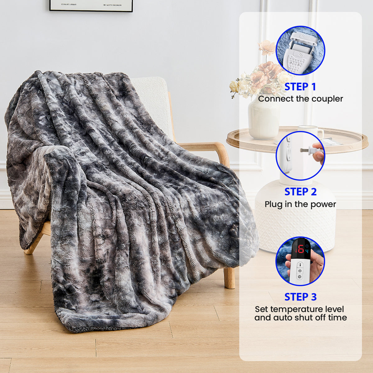 Dhole Heated Blanket Electric Throw - 50"x60" Heating Blanket Throw 4 Hours Auto-Off 6 Heat Level Over-Heat Protection Luxury Faux Fur Sherpa ETL Certification