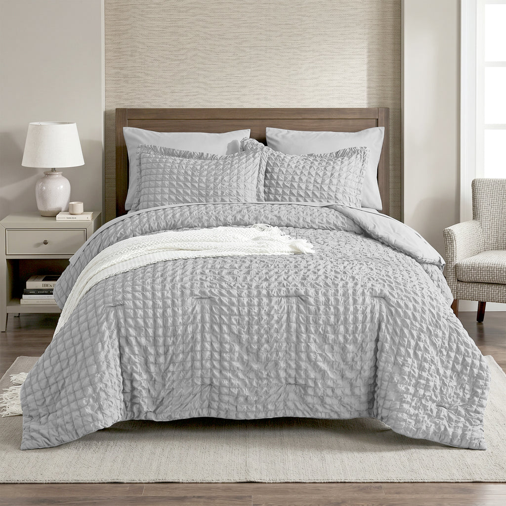 DHOLE Comforter Set 7 Pieces – Seersucker Textured Waffle Weave Bed in a Bag, All-Season Lightweight Microfiber Bedding Sets with Sheets & Pillow Shams