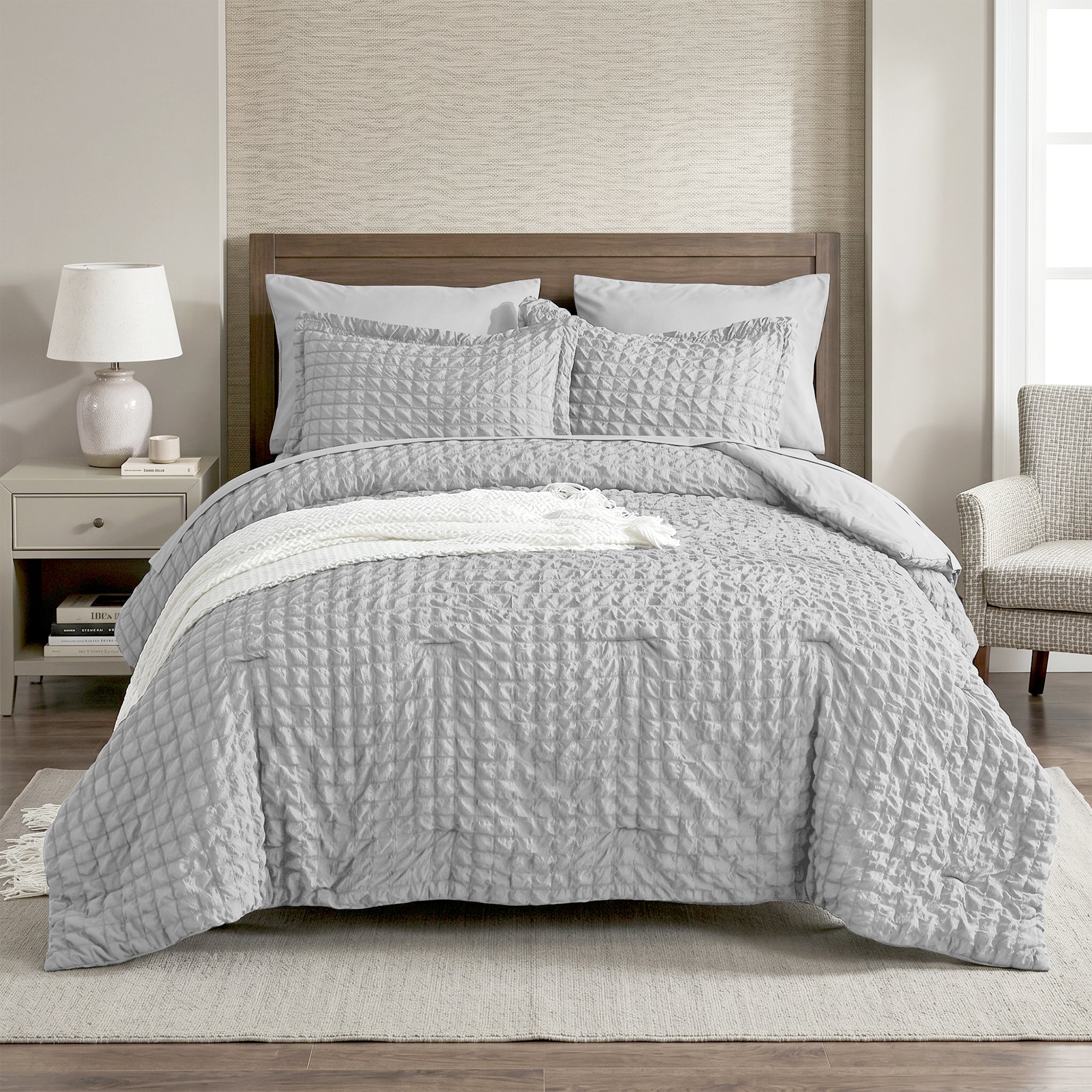 DHOLE Comforter Set 7 Pieces – Seersucker Textured Waffle Weave Bed in a Bag, All-Season Lightweight Microfiber Bedding Sets with Sheets & Pillow Shams