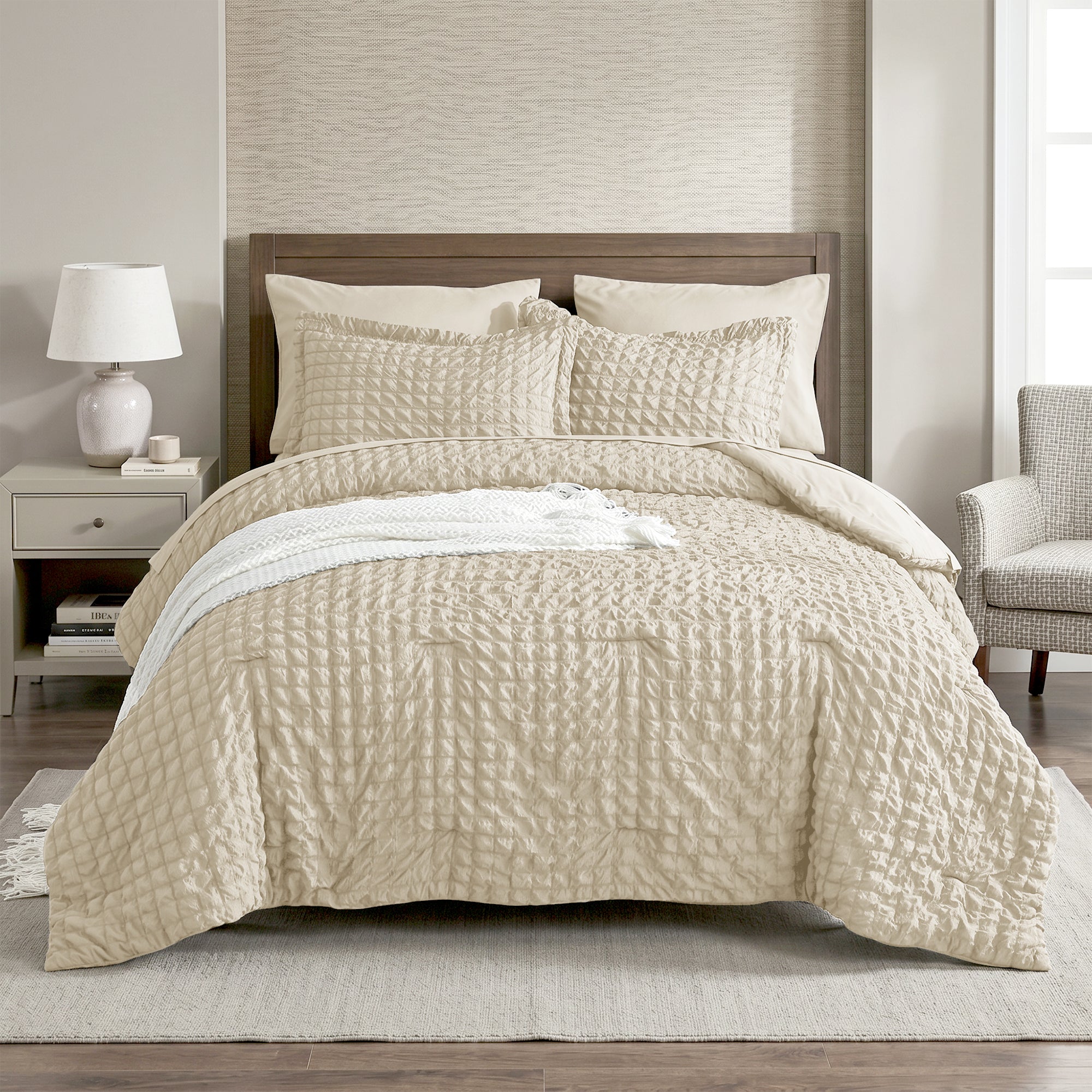 DHOLE Comforter Set 7 Pieces – Seersucker Textured Waffle Weave Bed in a Bag, All-Season Lightweight Microfiber Bedding Sets with Sheets & Pillow Shams