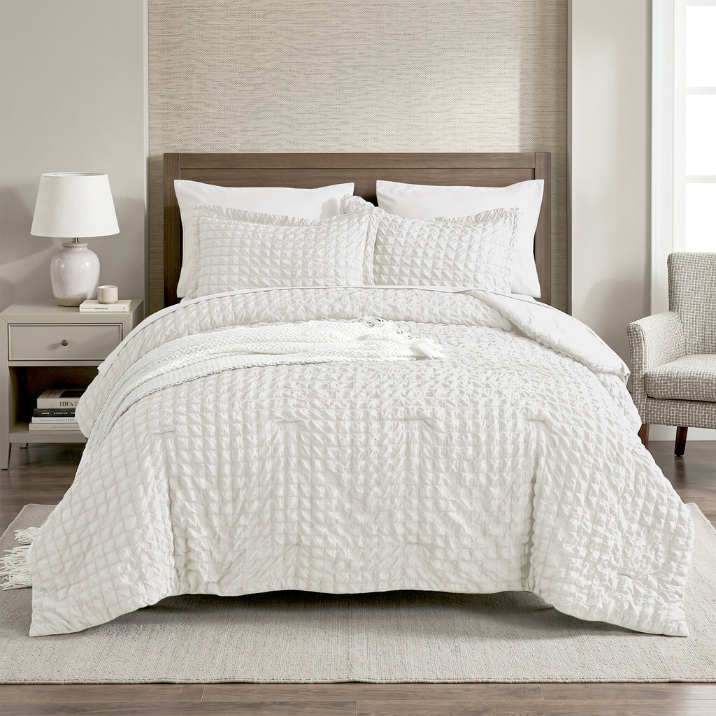 DHOLE Comforter Set 7 Pieces – Seersucker Textured Waffle Weave Bed in a Bag, All-Season Lightweight Microfiber Bedding Sets with Sheets & Pillow Shams