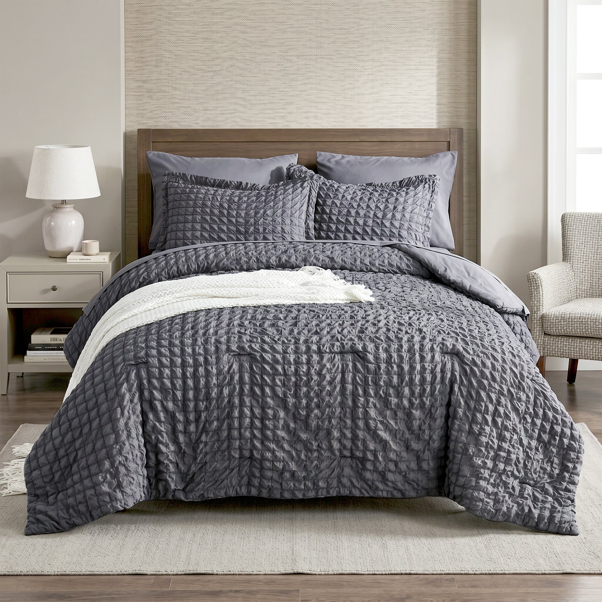 DHOLE Comforter Set 7 Pieces – Seersucker Textured Waffle Weave Bed in a Bag, All-Season Lightweight Microfiber Bedding Sets with Sheets & Pillow Shams
