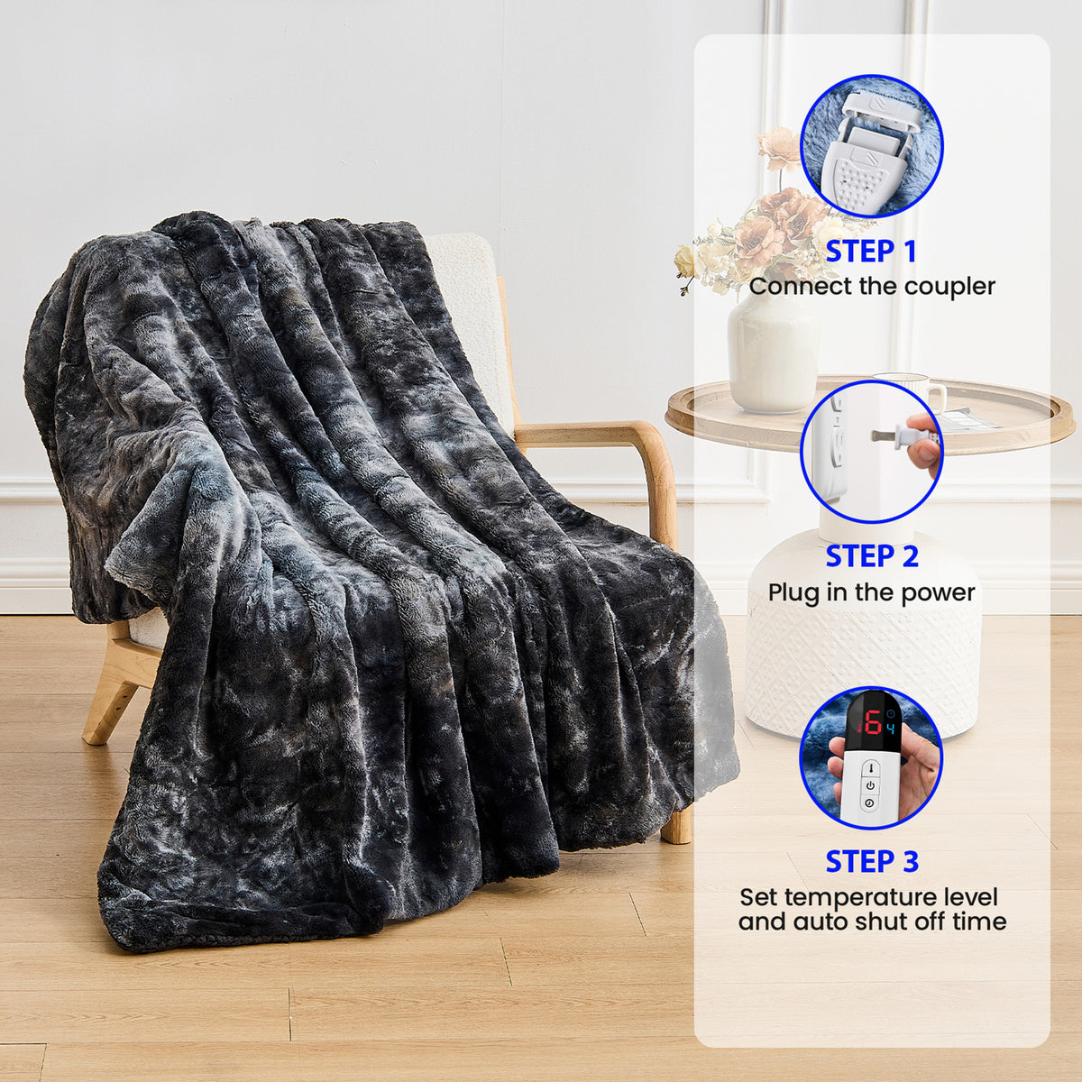 Dhole Heated Blanket Electric Throw - 50"x60" Heating Blanket Throw 4 Hours Auto-Off 6 Heat Level Over-Heat Protection Luxury Faux Fur Sherpa ETL Certification