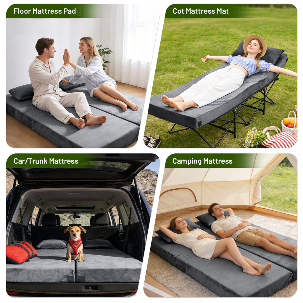 DHOLE 4 Inch Gel Memory Foam Camping Mattress, CertiPUR-US Certified Thick Sleeping Pad, Waterproof & Soft Fleece Top, Portable Roll-Up Mat with Multi-Function Storage Bag & Pillow for Tent Camping
