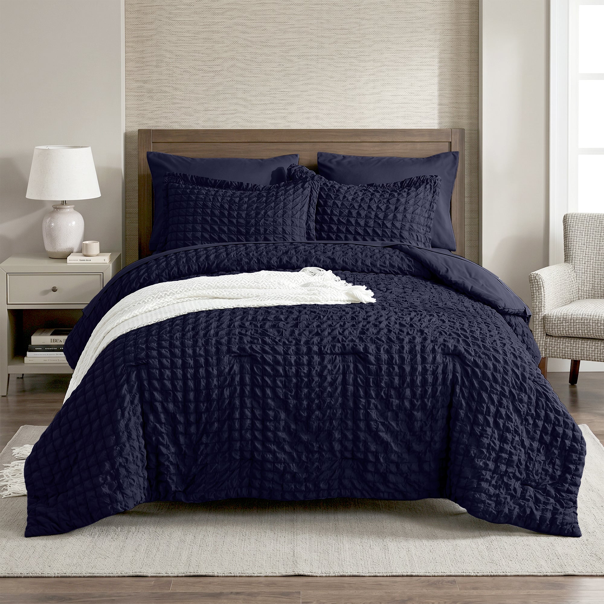 DHOLE Comforter Set 7 Pieces – Seersucker Textured Waffle Weave Bed in a Bag, All-Season Lightweight Microfiber Bedding Sets with Sheets & Pillow Shams
