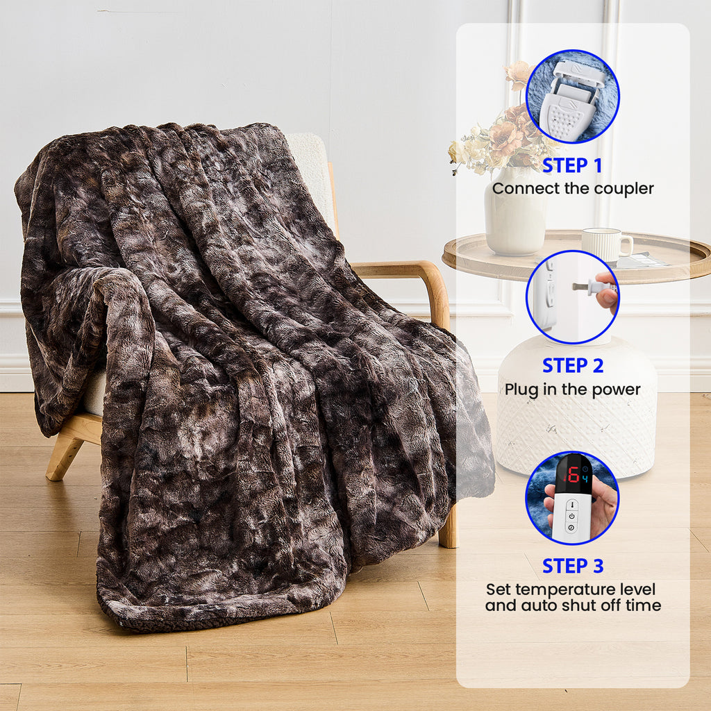 Dhole Heated Blanket Electric Throw - 50"x60" Heating Blanket Throw 4 Hours Auto-Off 6 Heat Level Over-Heat Protection Luxury Faux Fur Sherpa ETL Certification