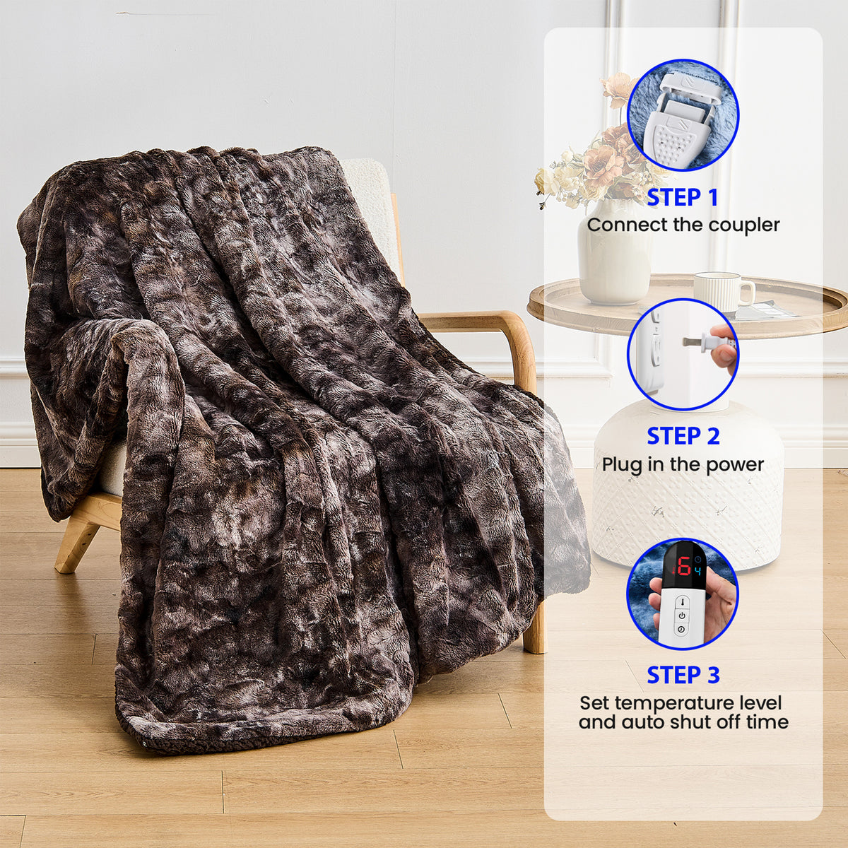 Dhole Heated Blanket Electric Throw - 50"x60" Heating Blanket Throw 4 Hours Auto-Off 6 Heat Level Over-Heat Protection Luxury Faux Fur Sherpa ETL Certification