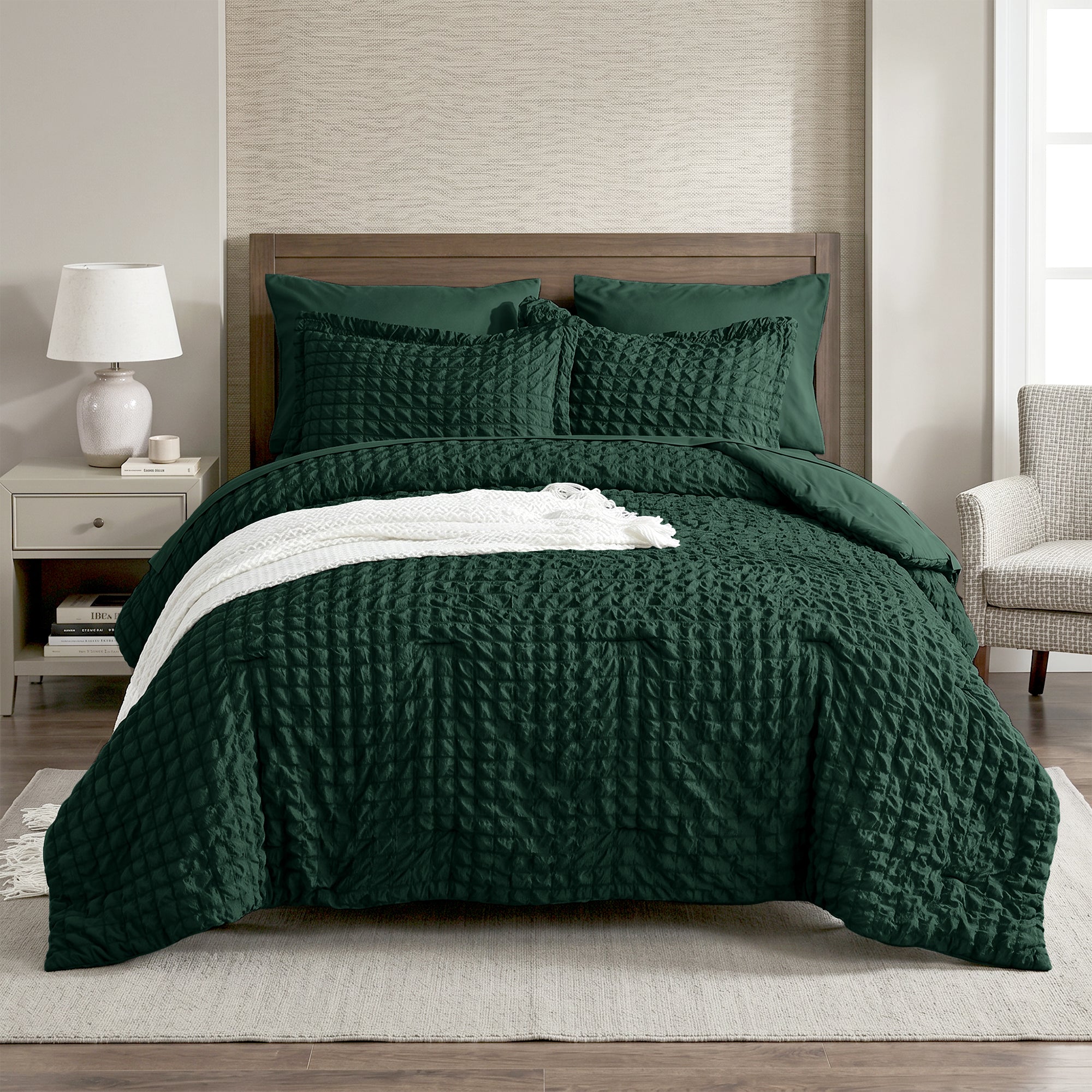 DHOLE Comforter Set 7 Pieces – Seersucker Textured Waffle Weave Bed in a Bag, All-Season Lightweight Microfiber Bedding Sets with Sheets & Pillow Shams
