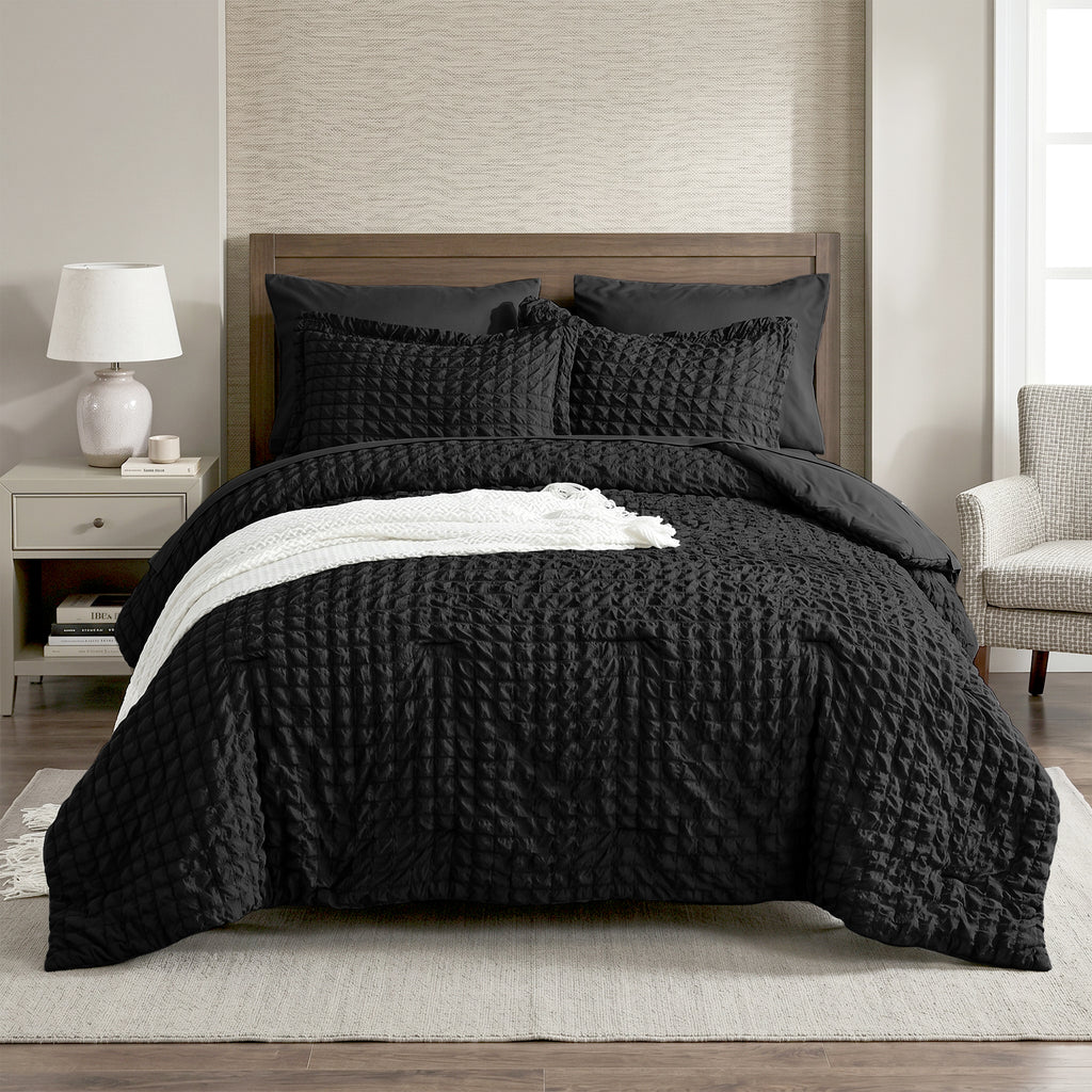 DHOLE Comforter Set 7 Pieces – Seersucker Textured Waffle Weave Bed in a Bag, All-Season Lightweight Microfiber Bedding Sets with Sheets & Pillow Shams
