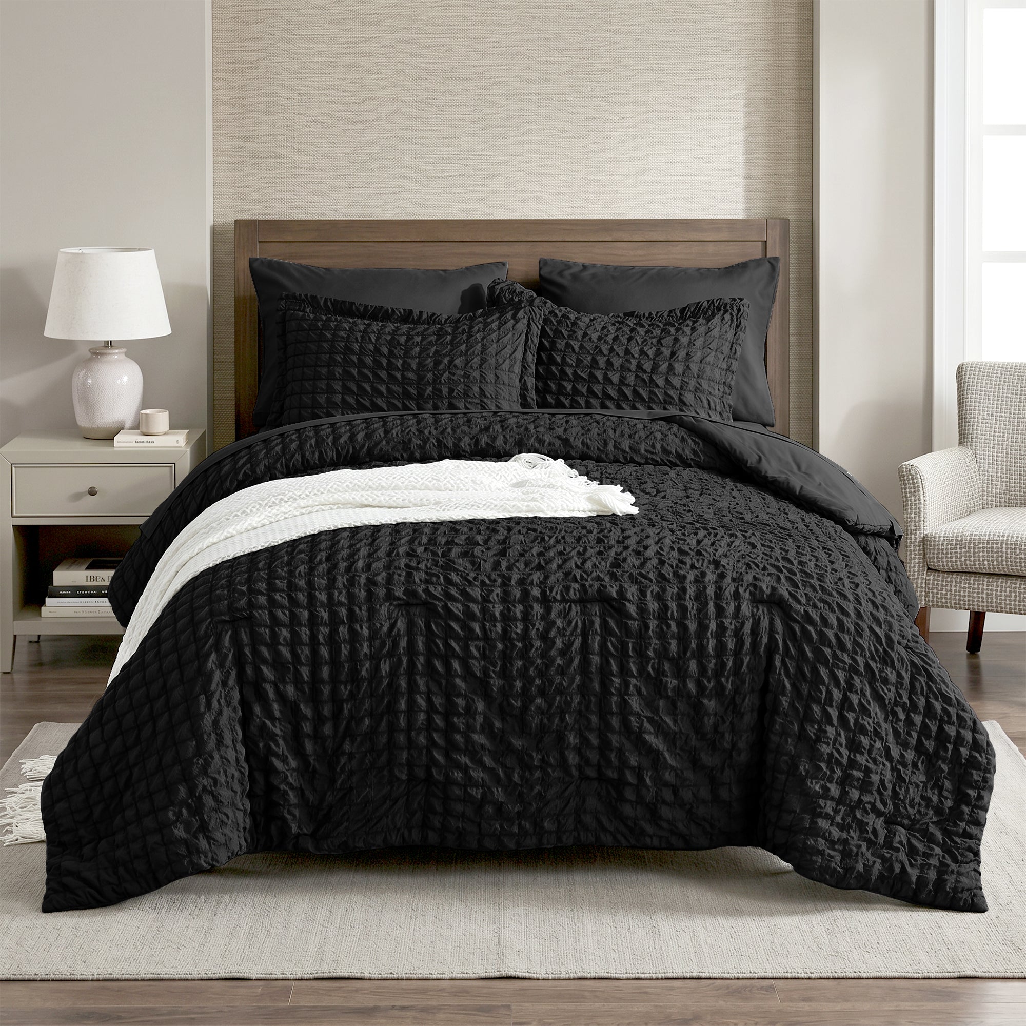 DHOLE Comforter Set 7 Pieces – Seersucker Textured Waffle Weave Bed in a Bag, All-Season Lightweight Microfiber Bedding Sets with Sheets & Pillow Shams