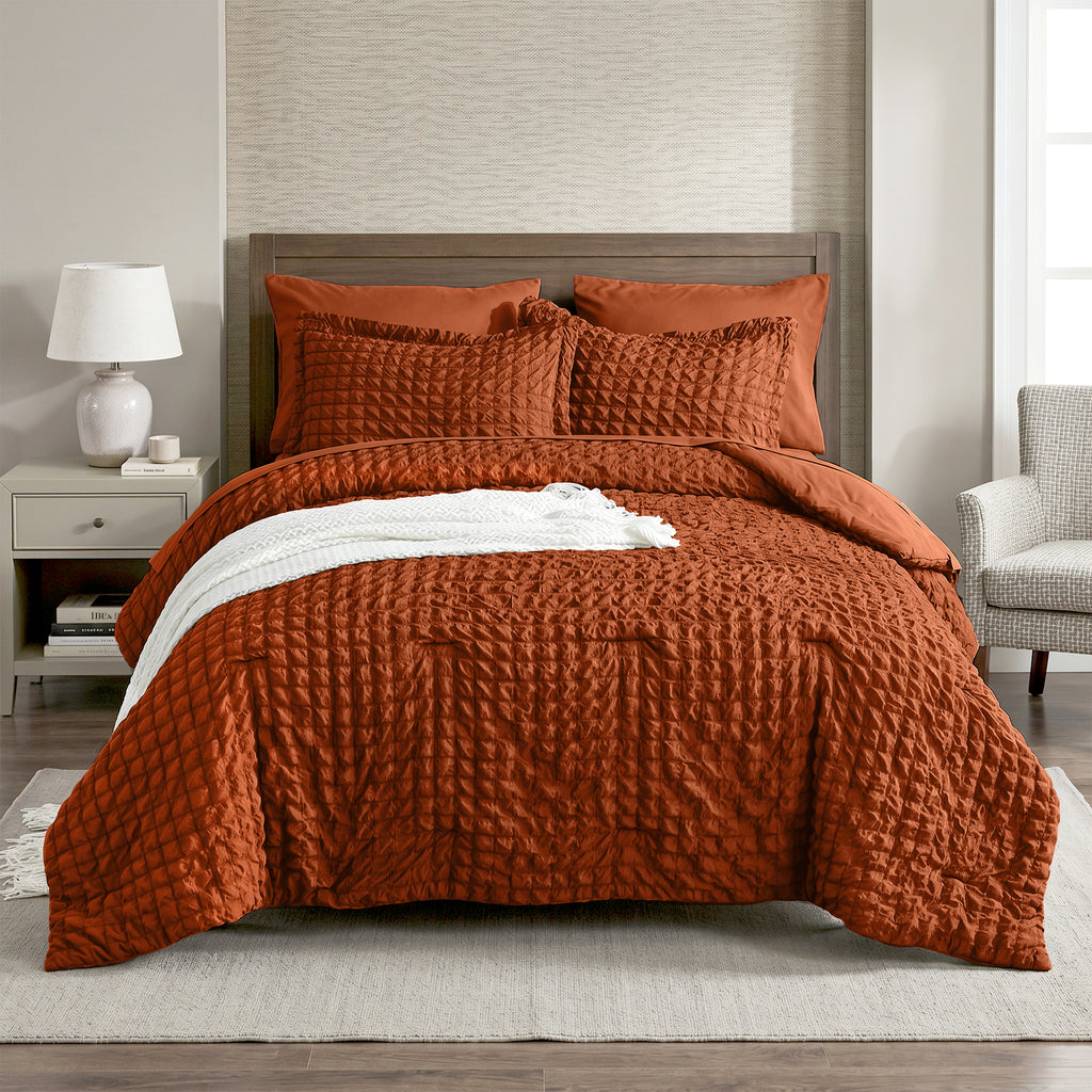 DHOLE Comforter Set 7 Pieces – Seersucker Textured Waffle Weave Bed in a Bag, All-Season Lightweight Microfiber Bedding Sets with Sheets & Pillow Shams