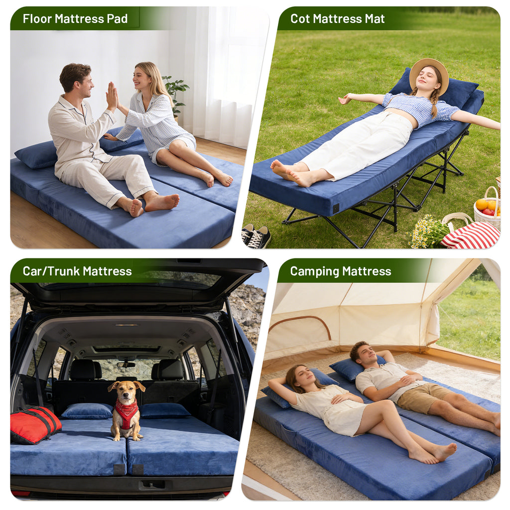DHOLE 4 Inch Gel Memory Foam Camping Mattress, CertiPUR-US Certified Thick Sleeping Pad, Waterproof & Soft Fleece Top, Portable Roll-Up Mat with Multi-Function Storage Bag & Pillow for Tent Camping
